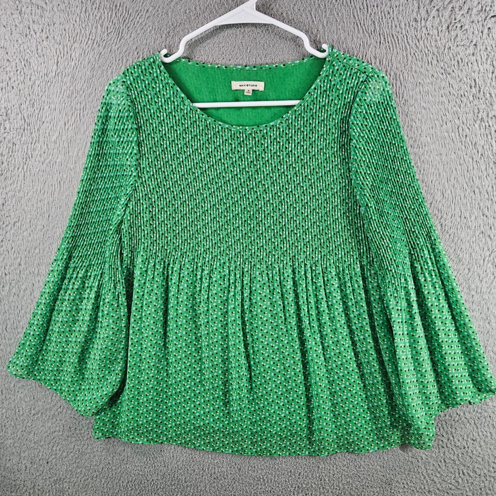 Max Studio Green Polka Dot Pleated Bell Sleeve Blouse Top‎ Size Small